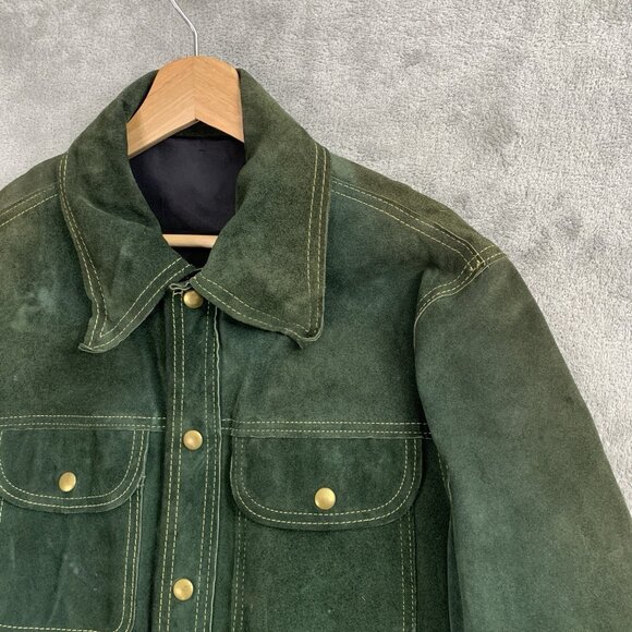 Vintage BUCKBOARD Jacket Mens 42 Green Yellow Stitching Button Snap Leather 70’s - Picture 5 of 16